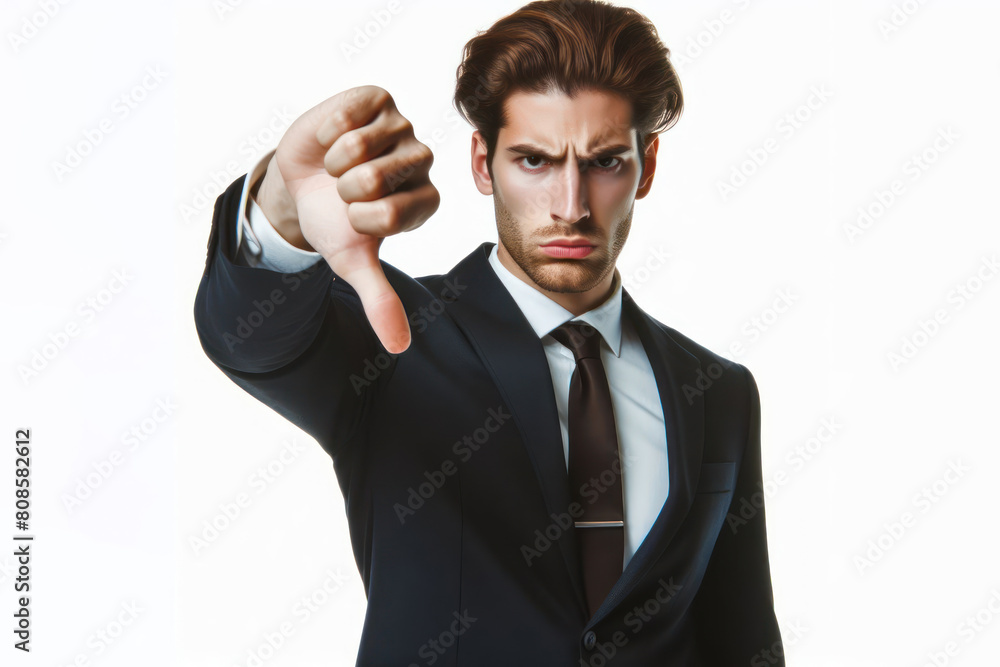 Businessman pointing thumbs down with an angry face isolated on white background Businessman pointing thumbs down with an angry face isolated on white background