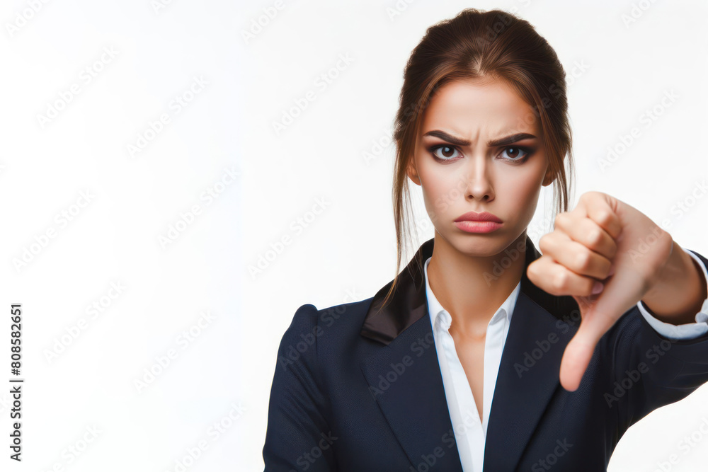 Businesswoman pointing thumbs down with an angry face isolated on white background Businesswoman pointing thumbs down with an angry face isolated on white background