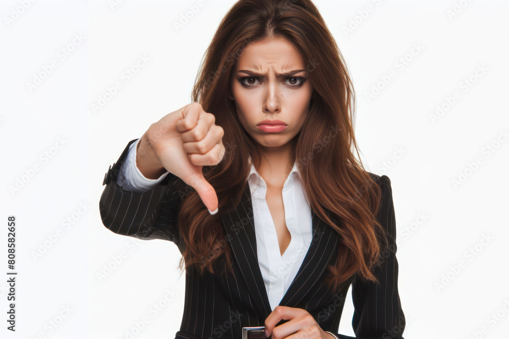 Businesswoman pointing thumbs down with an angry face isolated on white background Businesswoman pointing thumbs down with an angry face isolated on white background