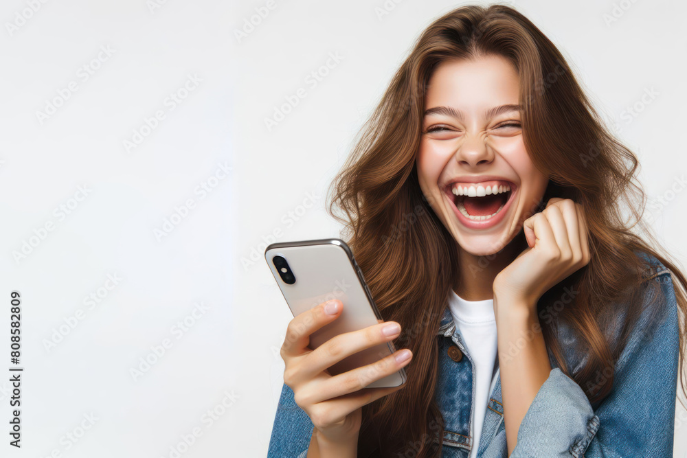 Girl holding phone and laughing very much isolated on white background Girl holding phone and laughing very much isolated on white background