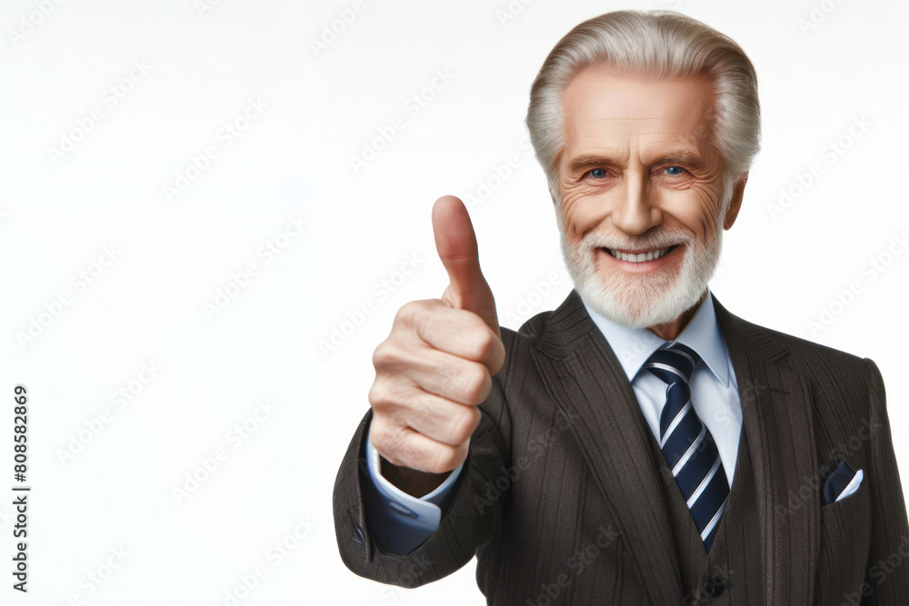 old businessman pointing thumbs up isolated on white background old businessman pointing thumbs up isolated on white background