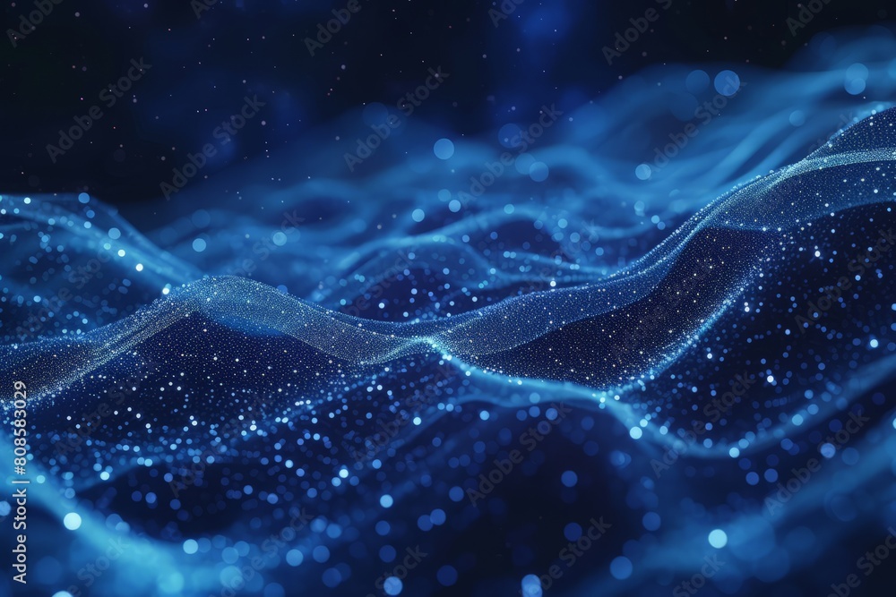 Abstract digital flow particles. Cyber network connection background. Big data visualization. Technology blue backdrop. 3d rendering.