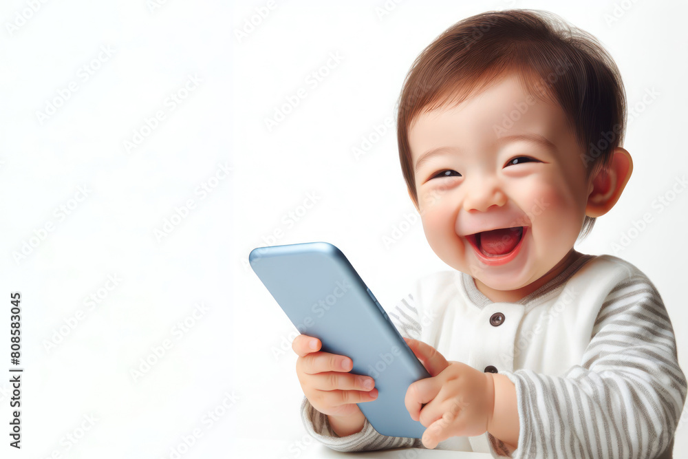 baby holding phone and laughing very much isolated on white background baby holding phone and laughing very much isolated on white background