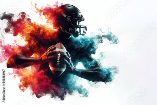 american football player silhouette mixing on fire of different colors white background