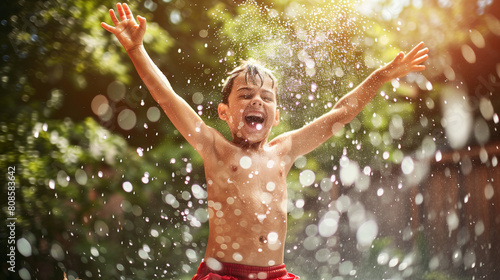 In a sunlit backyard  a young boy gleefully splashes water into the air  his laughter echoing through the space. The joyous scene captures the carefree spirit of childhood play on a warm and sunny day