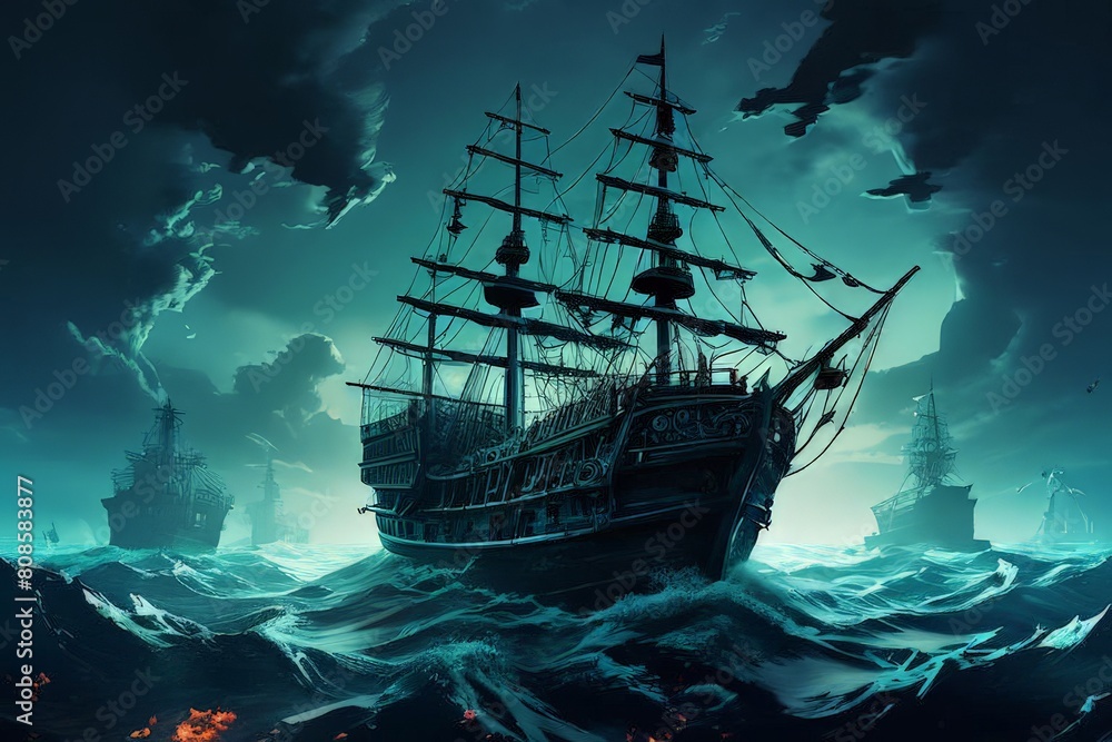 a pirate ship floats on the water, under a cloudy sky a pirate ship floats on the water, under a cloudy sky