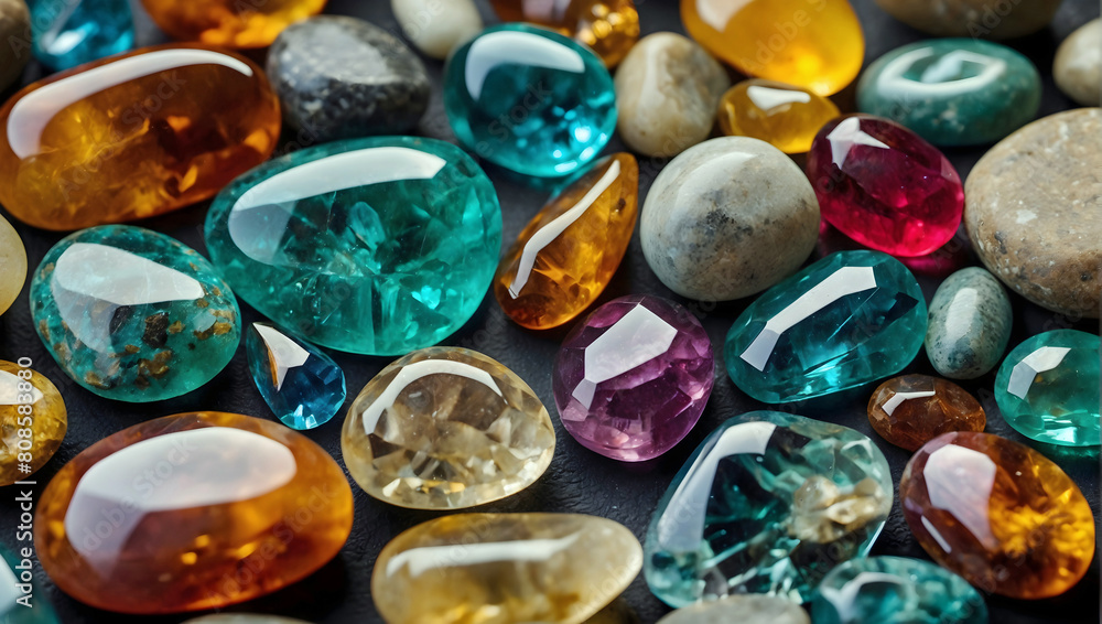 Large Collection Multi Color Gems Dark Black Background Large Collection Multi Color Gems Dark Black Background