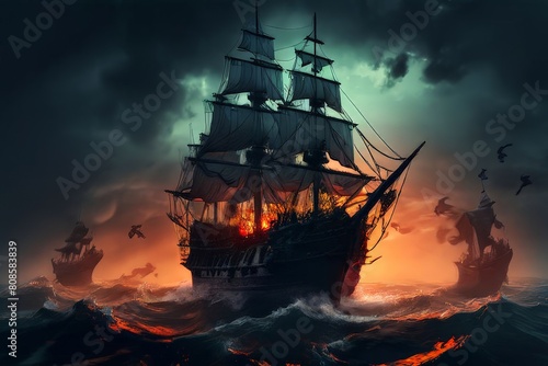 a pirate ship floats on the water, under a cloudy sky