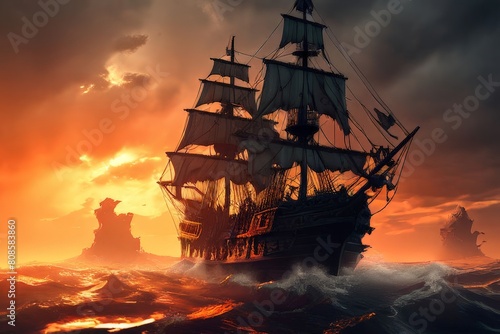 a pirate ship floats on the water, under a cloudy sky