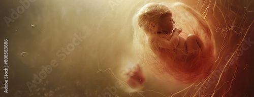 Human fetus in the womb prior to birth. Small embryo in uterus, banner with copy space. Unborn baby embryo during pregnancy. Childbirth medical science with space for text. photo