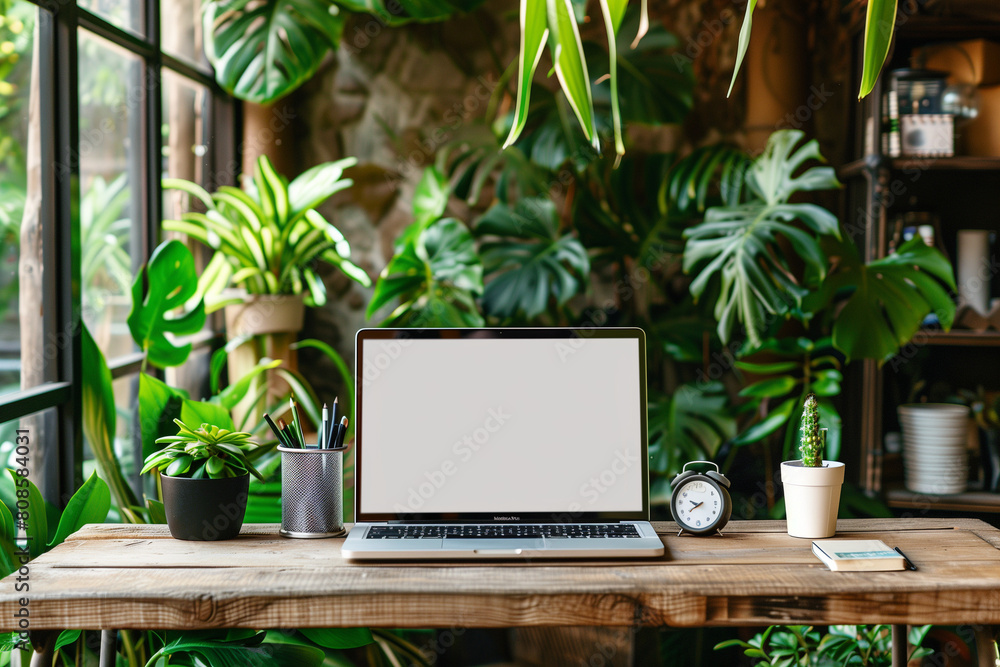 Mockup of computer monitor on desk in with plant background Mockup of computer monitor on desk in with plant background