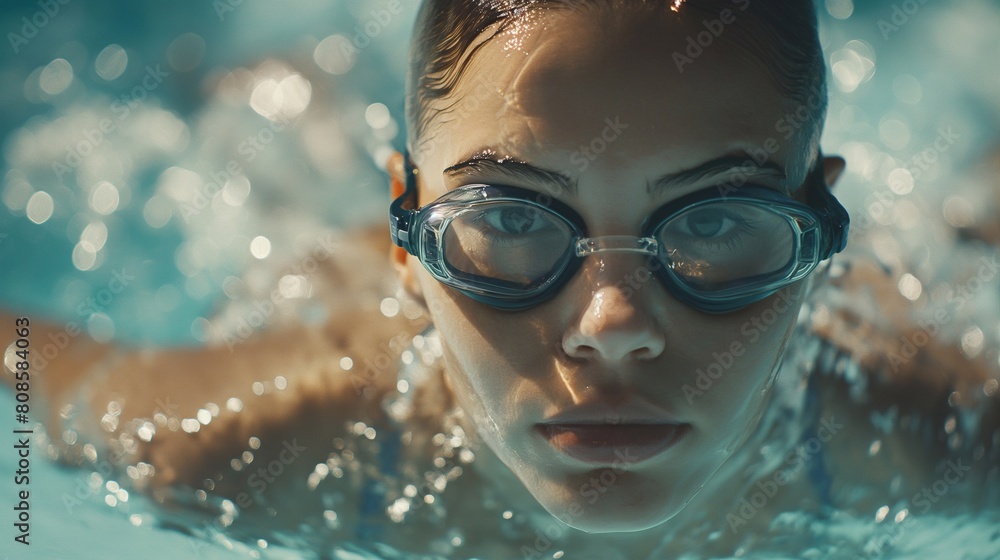 A close-up view capturing the sheer joy of a young female swimmer, her expressive eyes shining brightly behind her swimming goggles as she conquers the pool with grace. woman involved in water sports