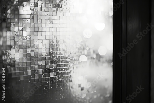 abstract mono light of mosaic wall and bokeh on glass door or window at blur on secrets meeting room for art wallpaper and texture or background photo