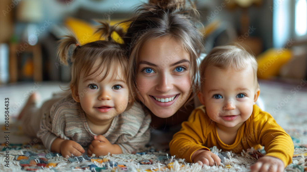 Happy young mom playing with kids at home. Happy young mom playing with kids at home.