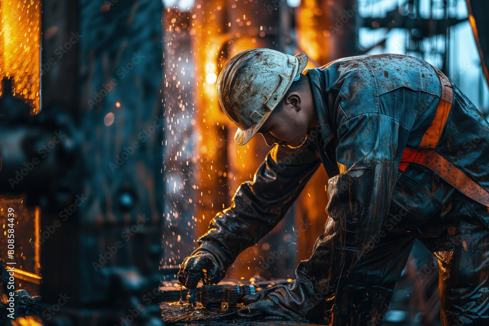 Driller doing drilling oil process with dirty work outfit. Driller doing drilling oil process with dirty work outfit.