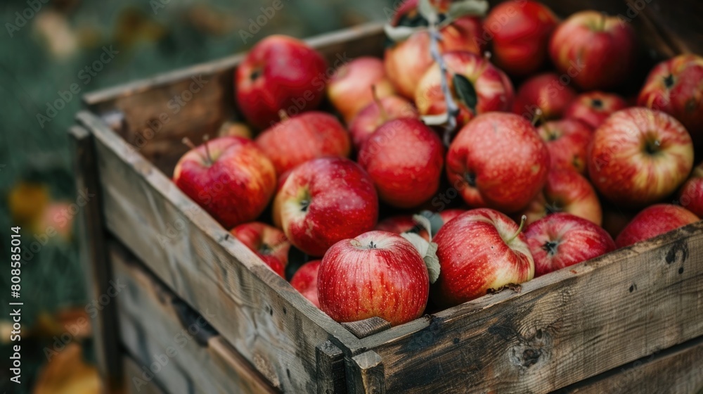 Fresh apples in a rustic wooden crate. Close-up view of autumn harvest concept. Fresh apples in a rustic wooden crate. Close-up view of autumn harvest concept.