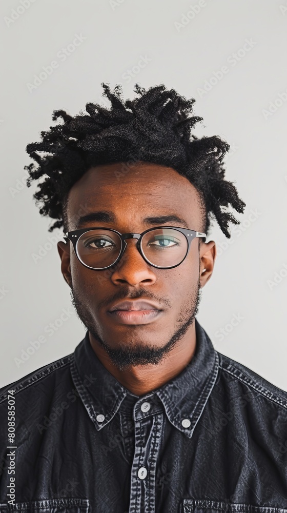 Obraz premium portrait of young serious man of African descent on white background, vertical image