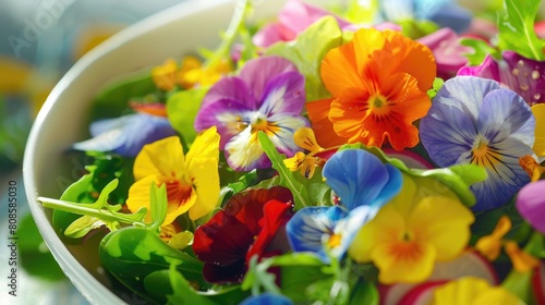 Edible flowers salad in a rustic bowl. Close-up view of vibrant organic ingredients.