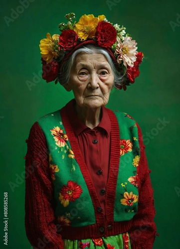 Studio portrait of an elderly woman wearing ancient clothing