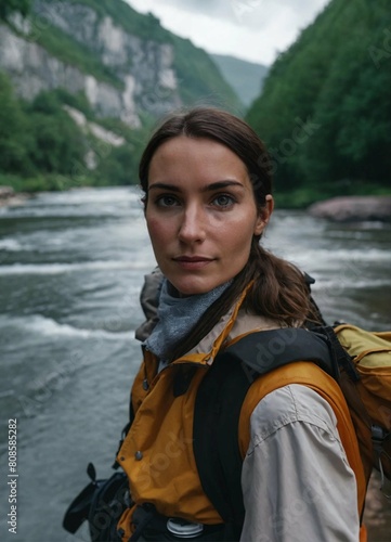 Woman adventure guide on a route through a river in the mountains © Cavan