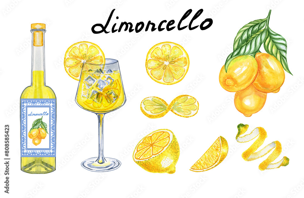 Ταπετσαρία Set of watercolor painted limoncello in glasses and bottle