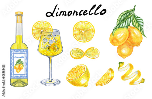 Billede på lærred Set of watercolor painted limoncello in glasses and bottle