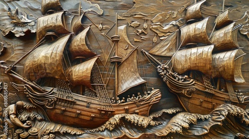 Detailed wooden carving of a sailing ship on ocean waves, with ornate sea creatures and clouds. photo