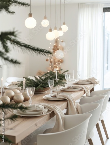 Elegant holiday table setting with Christmas decorations