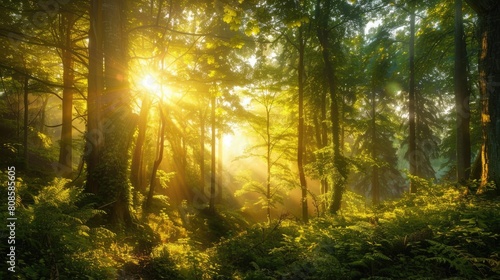 Sunrise in a forest with sunbeams breaking through the trees. World Environment Day