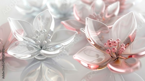 Artistic representation of translucent and reflective flowers in various pastel colors