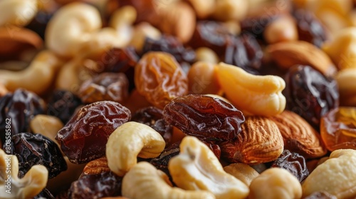 Assorted nuts and dried fruits close-up. Healthy snacks and nutritious food concept.