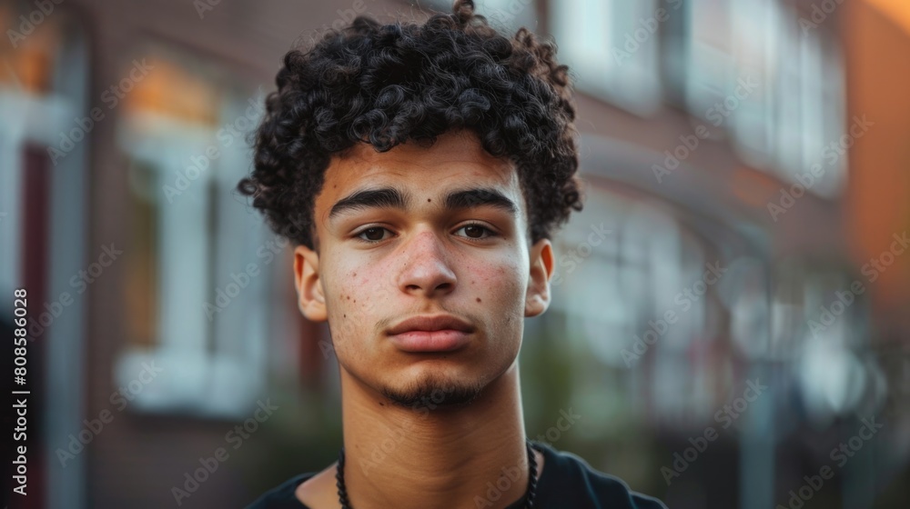 Young man with curly hair standing outdoors. Close-up street portrait with urban background.
