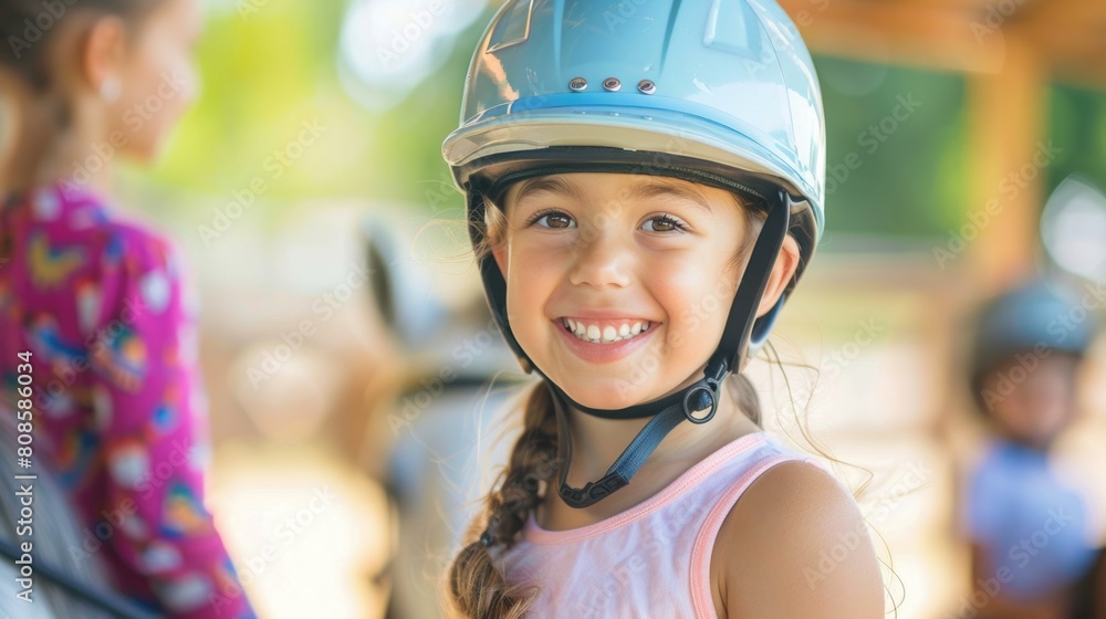 Smiling Young Girl in Equestrian Helmet Smiling Young Girl in Equestrian Helmet