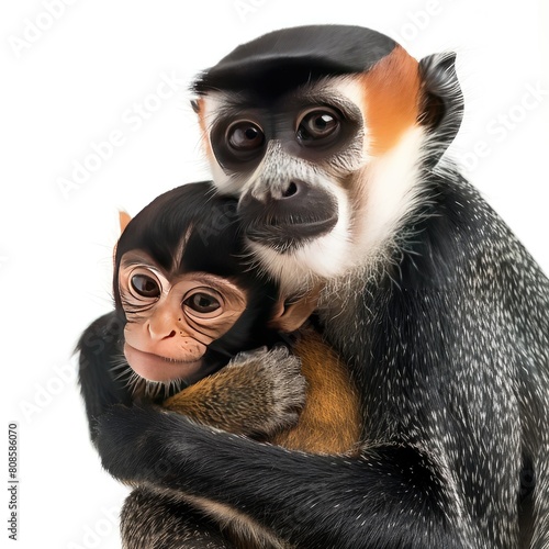 image of a mother De Brazza's monkey cradling her newborn baby in her arms  photo
