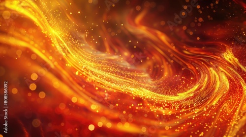 Abstract orange and gold swirling particles on a dark background.