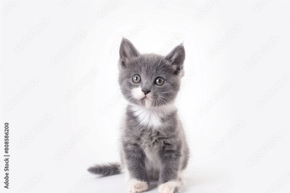 a small gray kitten sitting on a white surface