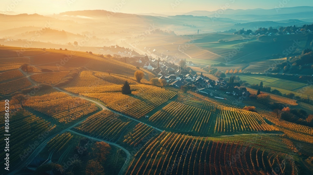 Golden Sunset Over Rolling Vineyard Hills