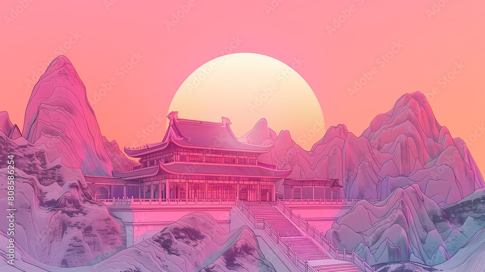 Obraz premium Mountain traditional architecture line art illustration poster background