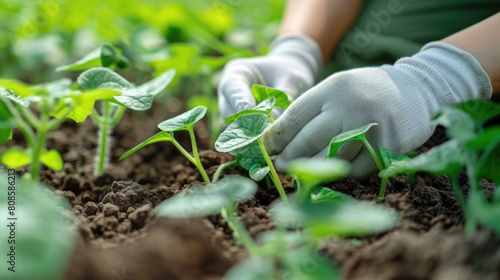 Person planting young green plants in soil. Close-up of hands with gloves gardening