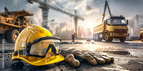 a yellow construction helmet, safety glasses and protective gloves placed on the ground in front of an industrial site, generative AI photo