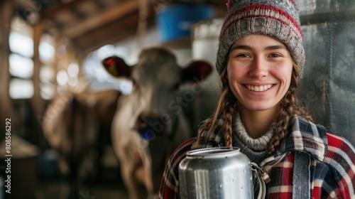 Smiling Young Woman with Milk Can in Dairy Farm. World Milk Day