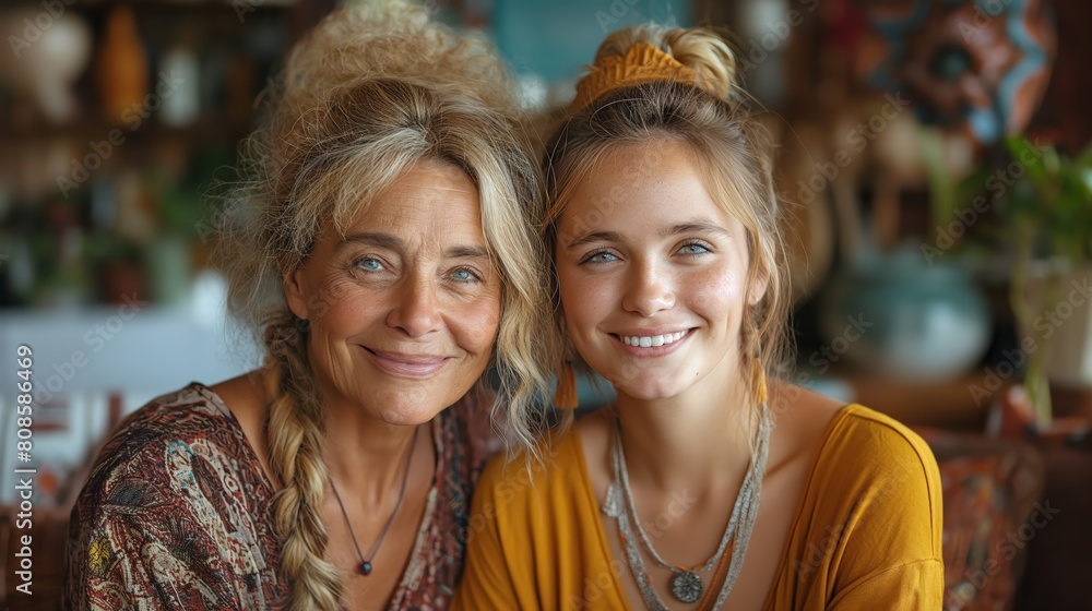 A mother and daughter are seated together, sharing a moment of happiness as they pose for a portrait in a cafe adorned with eclectic decor. A mother and daughter are seated together, sharing a moment of happiness as they pose for a portrait in a cafe adorned with eclectic decor.