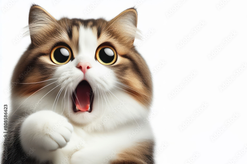 cat with funny face surprising with open mouth and big eyes isolated on a white background