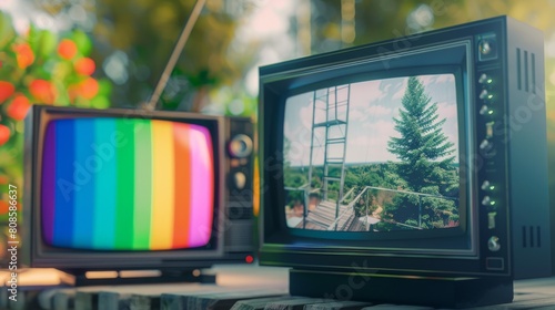 Retro vs. Modern TVs - Test Pattern vs. 4K Nature Scene AI Generated. photo