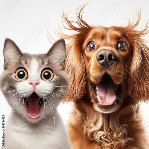 dog and cat with funny face surprising with open mouth and big eyes face to face isolated on a white background