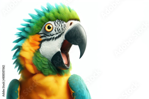 parrot with funny face surprising with open mouth isolated on a white background