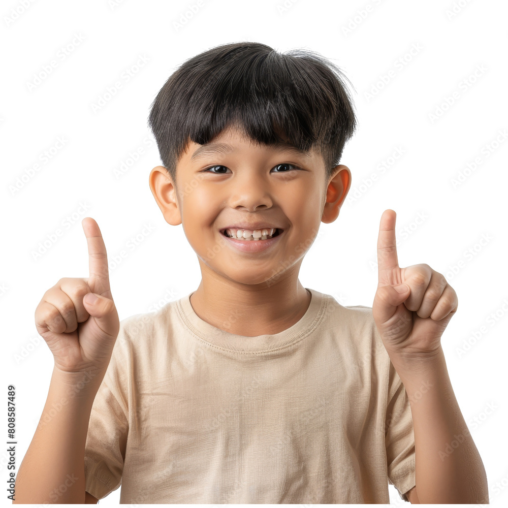 Happy young boy pointing upwards isolated on transparent background, suitable for educational and promotional uses Happy young boy pointing upwards isolated on transparent background, suitable for educational and promotional uses