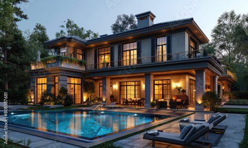 A large, modern house with panoramic windows and an outdoor pool surrounded by lush greenery. Created with Ai  © Raydecor