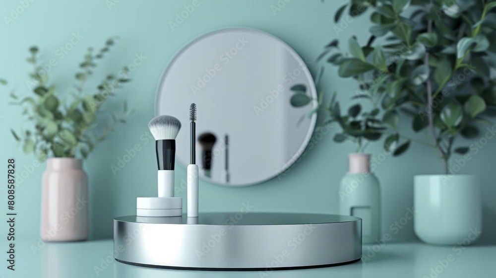 Lightweight aluminum podium on a soft pastel grey background, highlighting the sleek design of modern makeup tools Lightweight aluminum podium on a soft pastel grey background, highlighting the sleek design of modern makeup tools