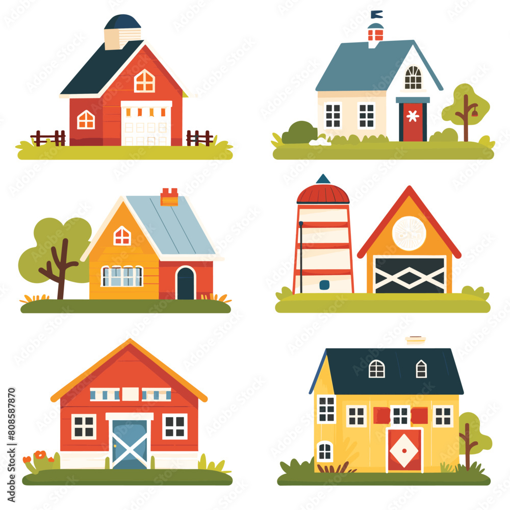 Collection cute stylized houses farm buildings. Colorful vector illustration includes barn, silo, various homes. Graphic style depicts rustic suburban living cartoonlike simplicity